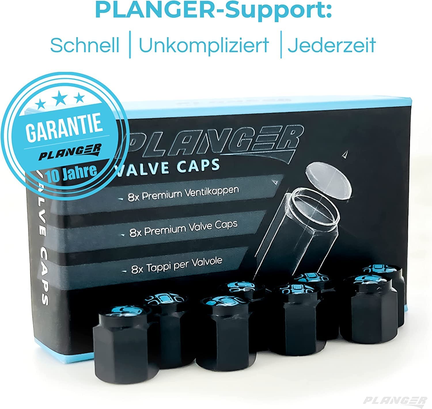 PLANGER Valve Caps tappi valvola auto ABS 8 pezzi neri