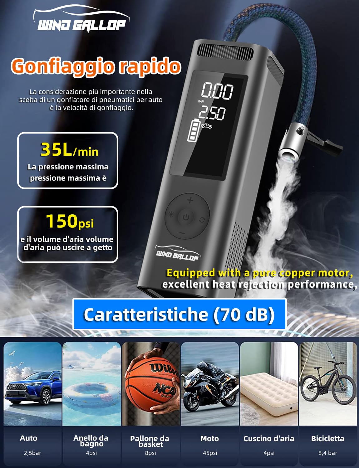 WindGallop Tire Inflators compressore portatile nero digitale LED