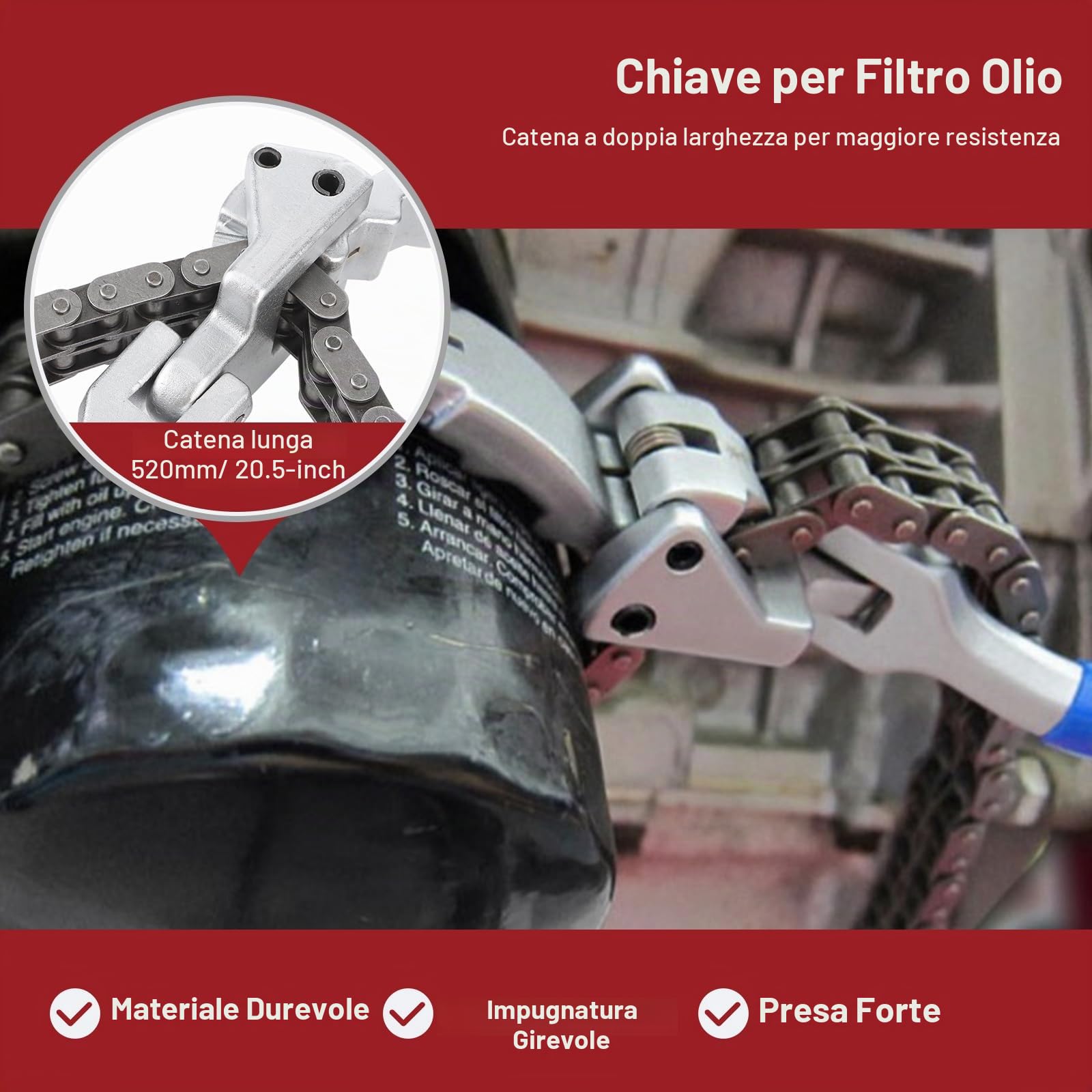 OUKENS Chiave Filtro Olio a Catena 60-160 mm Manico 350 mm