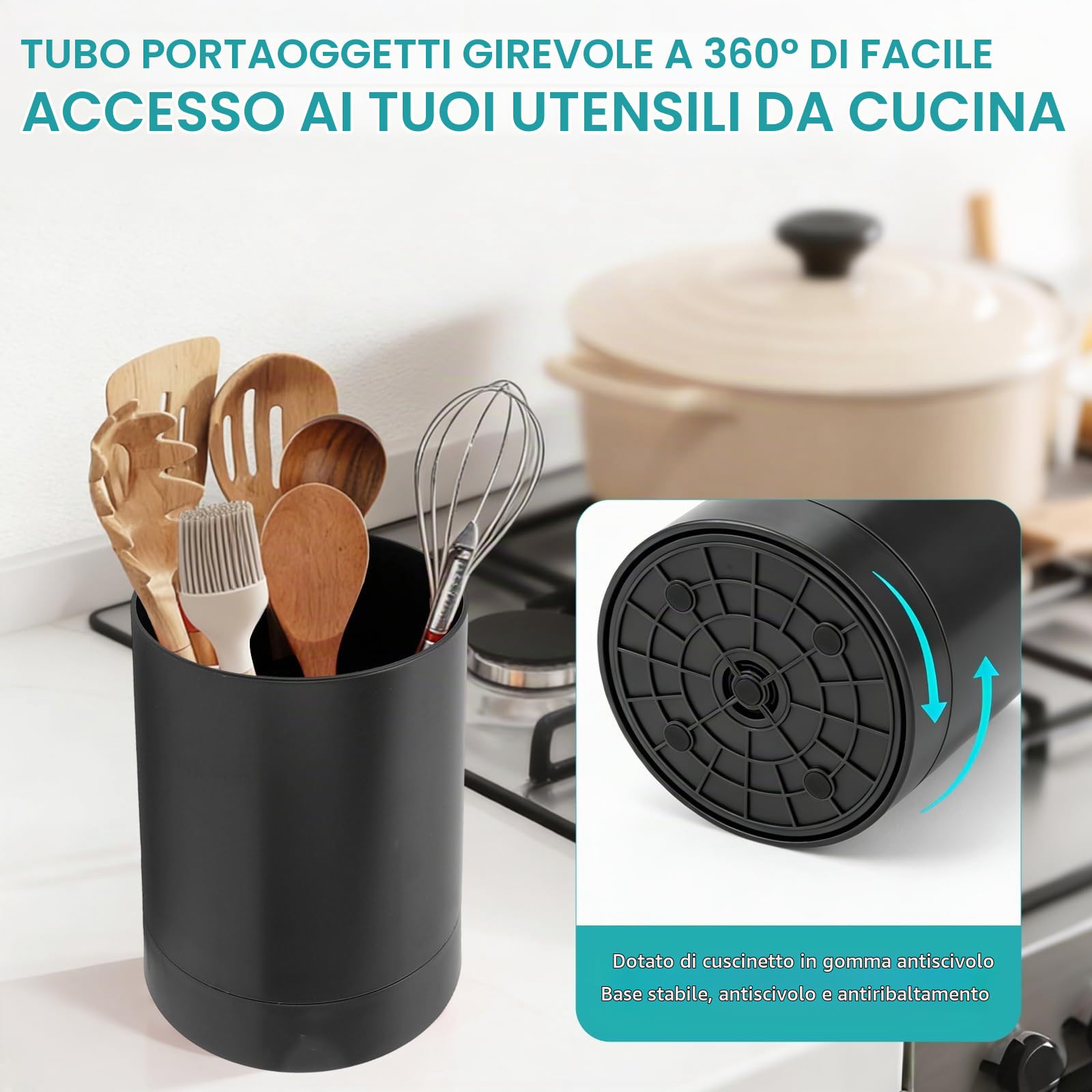 OUKENS Portautensili Cucina Girevole Nero 360° Antiscivolo