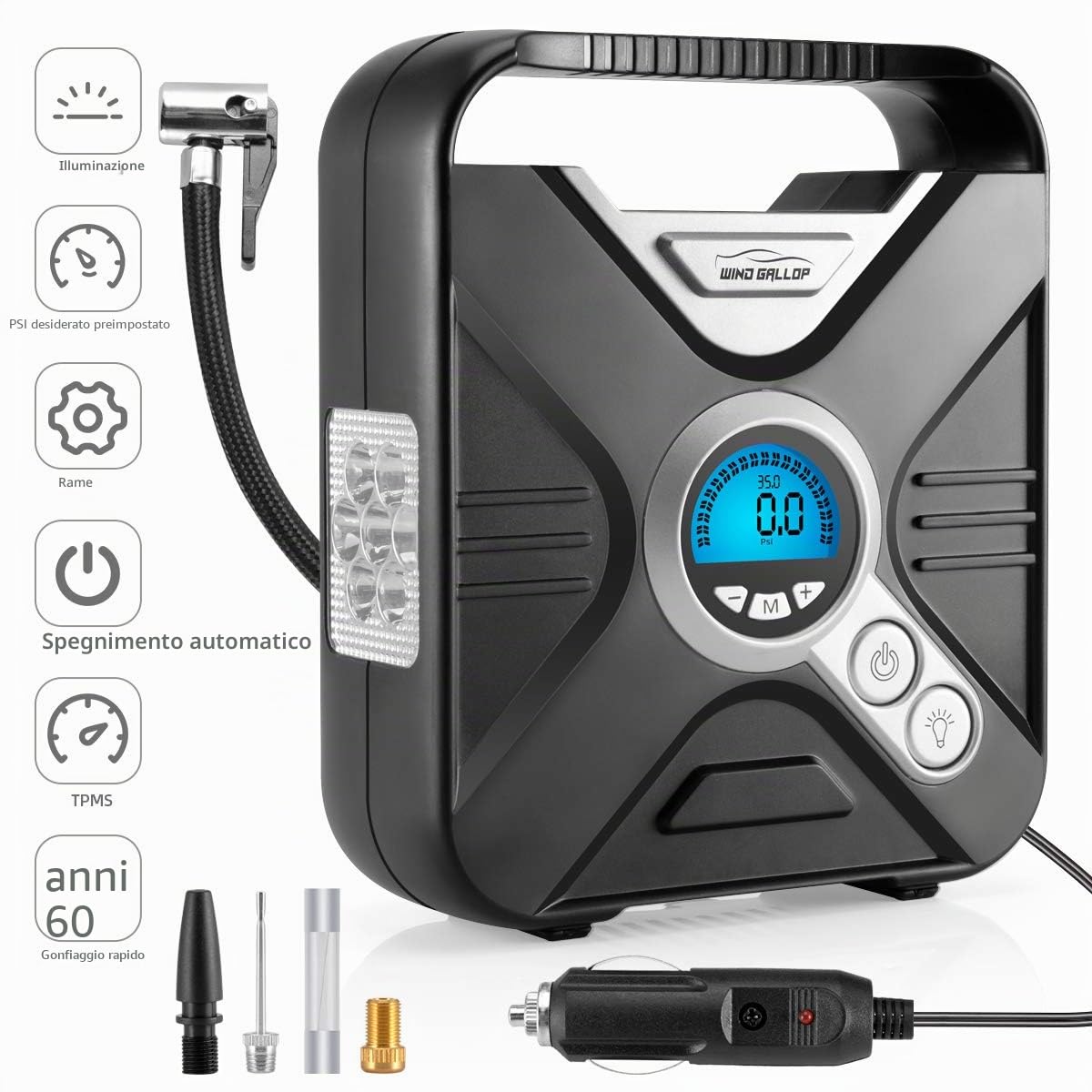 WindGallop Compressore Aria Auto Portatile 12V LCD LED