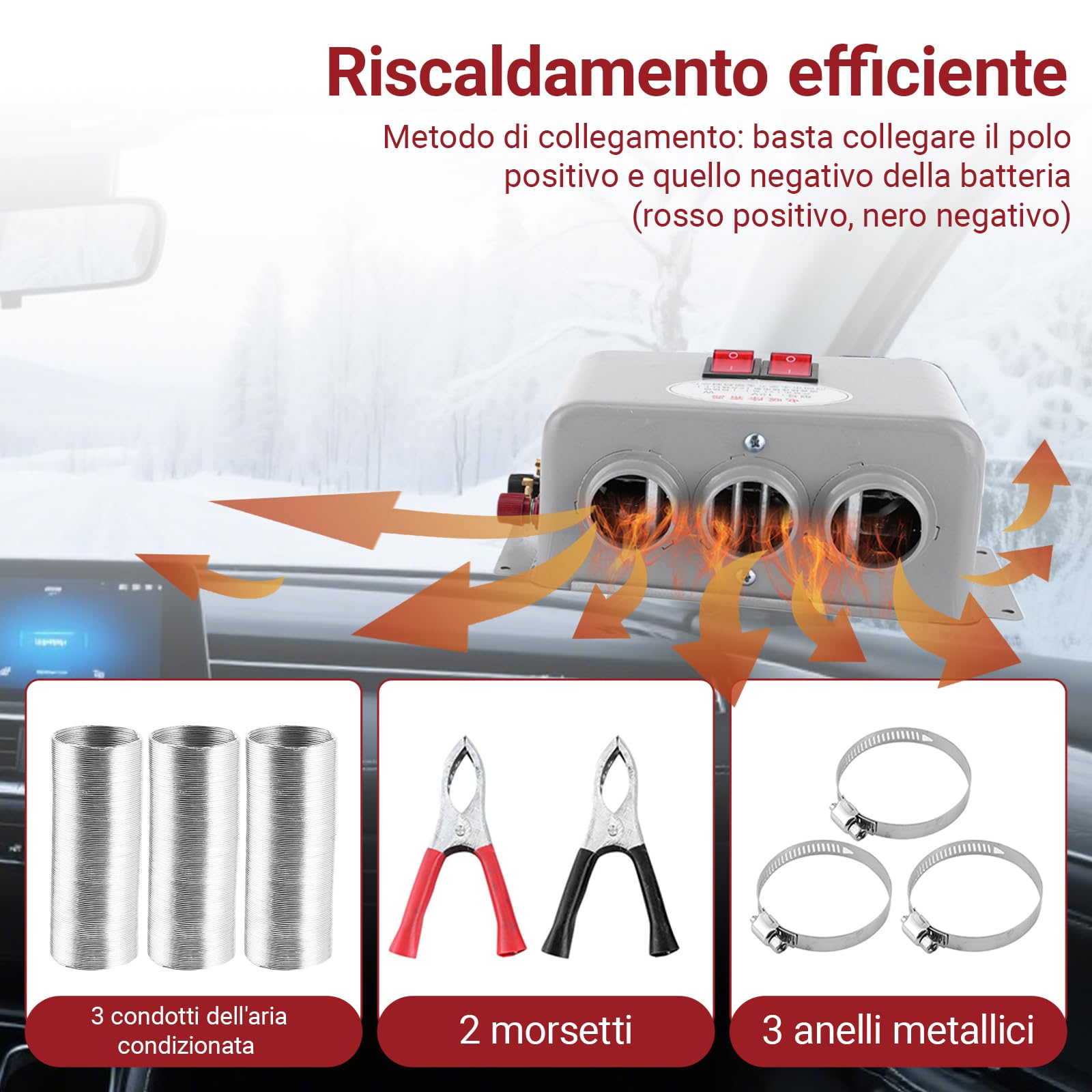 OUKENS Riscaldatore Auto 12V 600-800W 3 Bocchette Nero