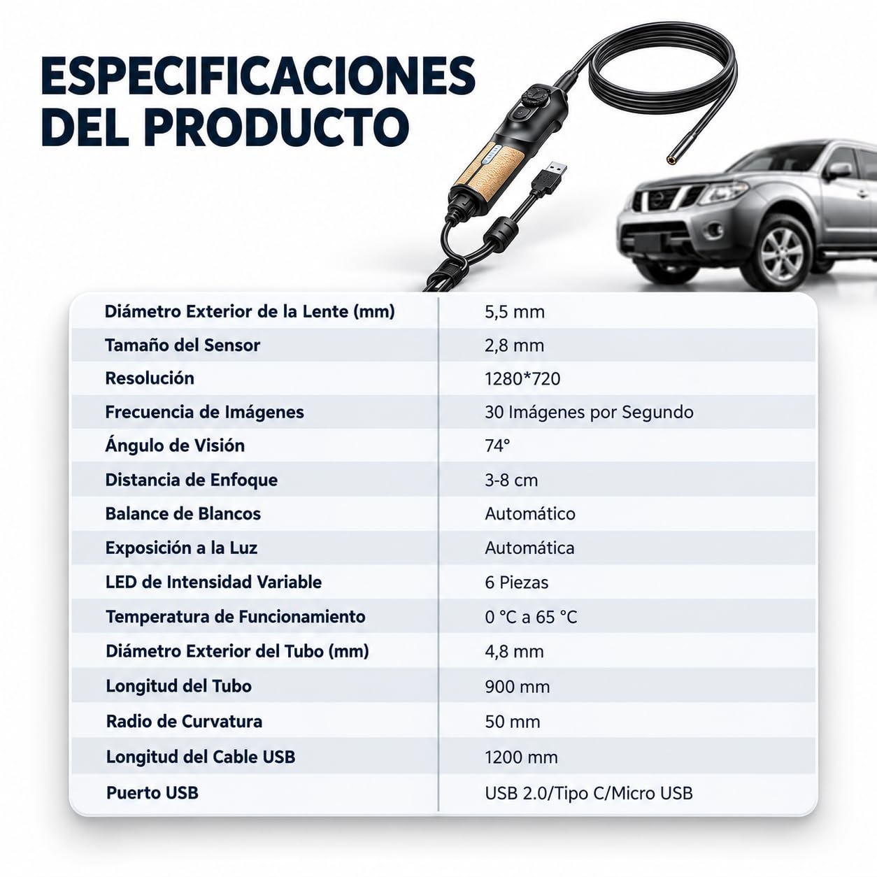 Thinkcar TES102 Endoscopio Auto 5,5 mm 2MP HD 900 mm