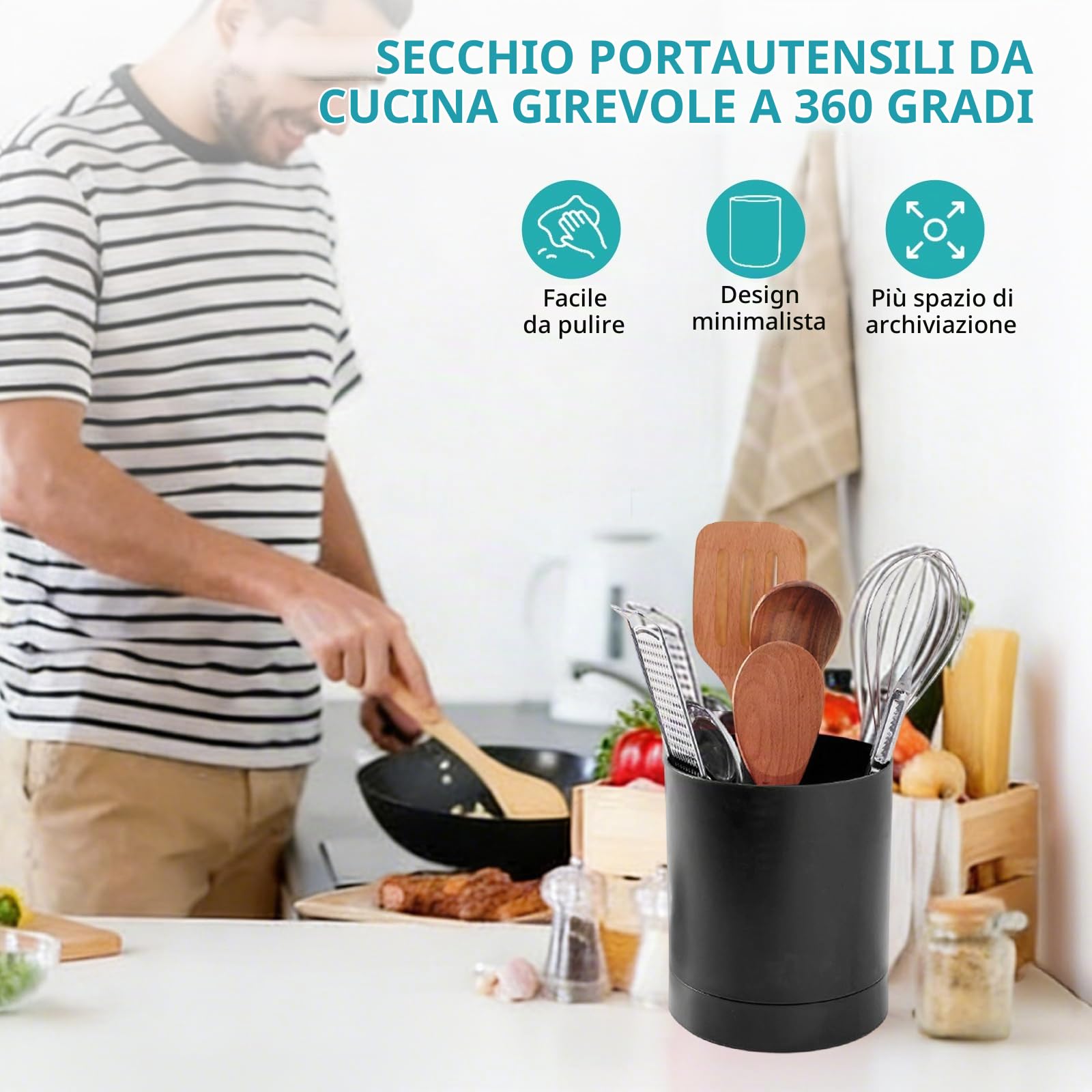 OUKENS Portautensili Cucina Girevole Nero 360° Antiscivolo