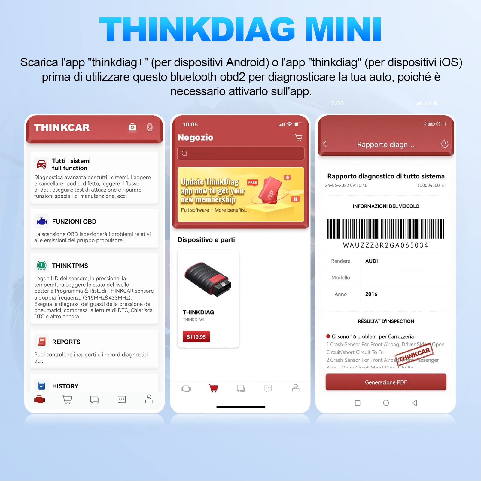 Thinkcar THINKDIAG Mini Scanner OBD2 Bluetooth Auto VIN Completo