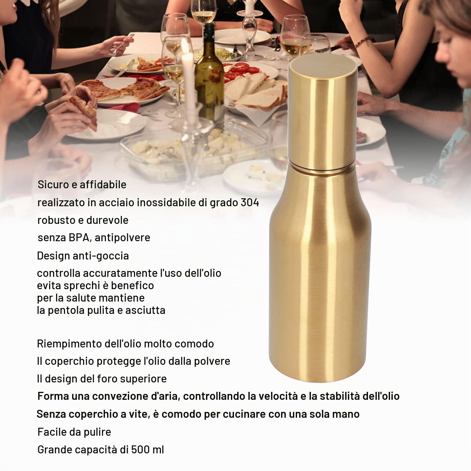 OUKENS Dispenser Olio 500 ml Acciaio Oro Antigoccia