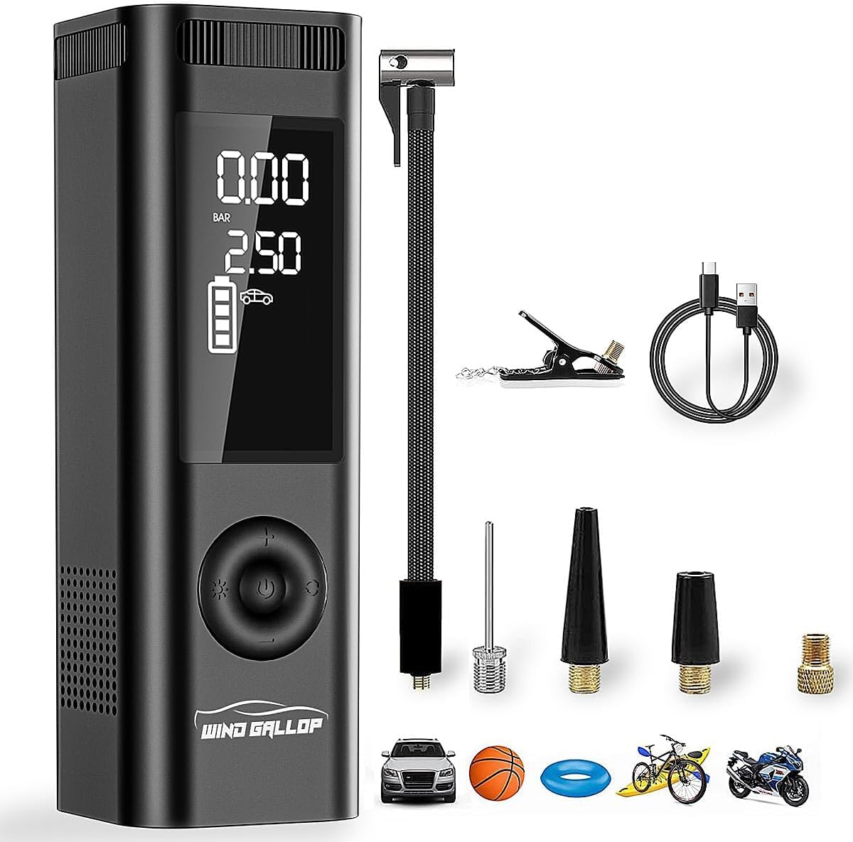 WindGallop Tire Inflators compressore portatile nero digitale LED
