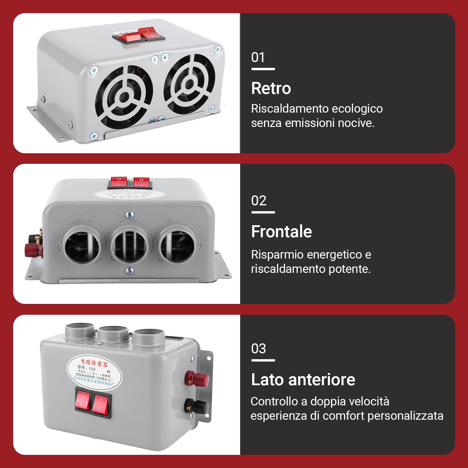 OUKENS Riscaldatore Auto 12V 600-800W 3 Bocchette Nero