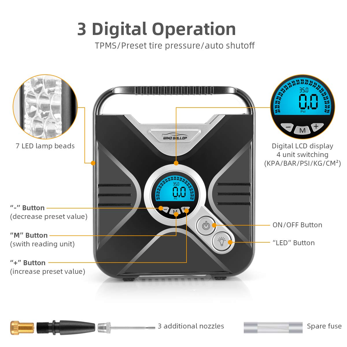 WindGallop Compressore Aria Auto Portatile 12V LCD LED