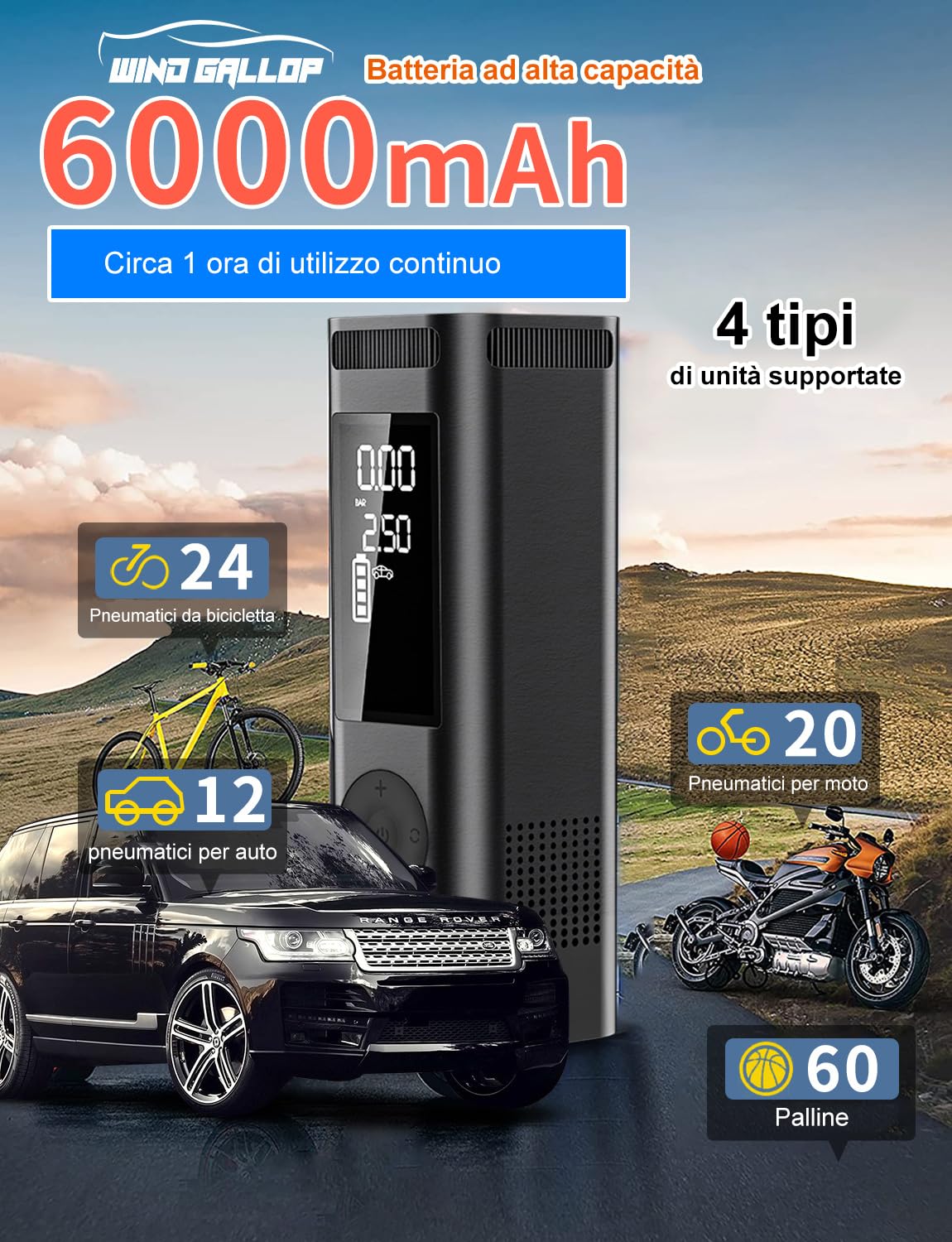 WindGallop Tire Inflators compressore portatile nero digitale LED