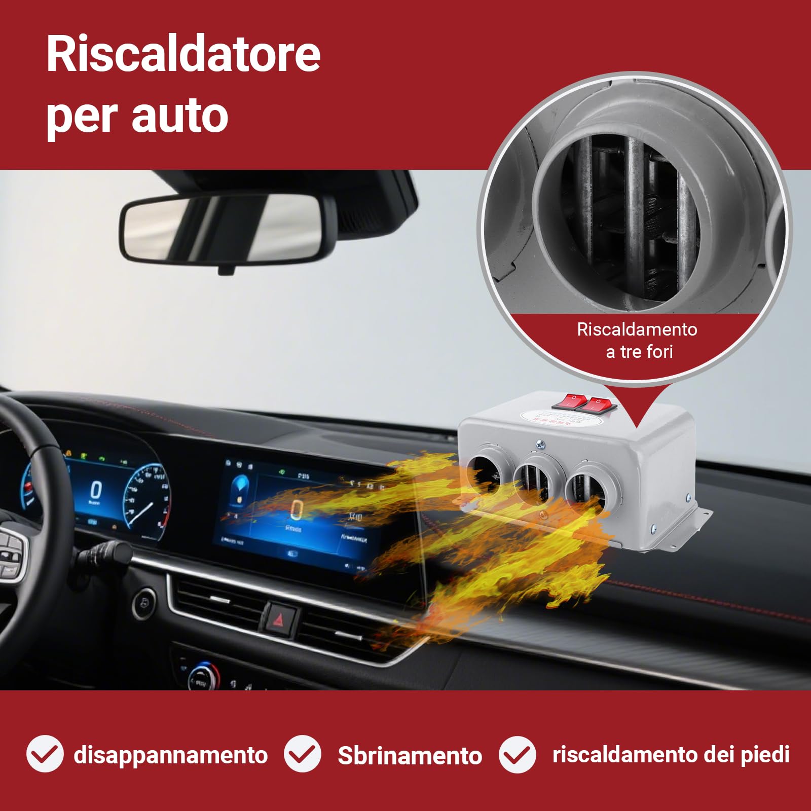 OUKENS Riscaldatore Auto 12V 600-800W 3 Bocchette Nero
