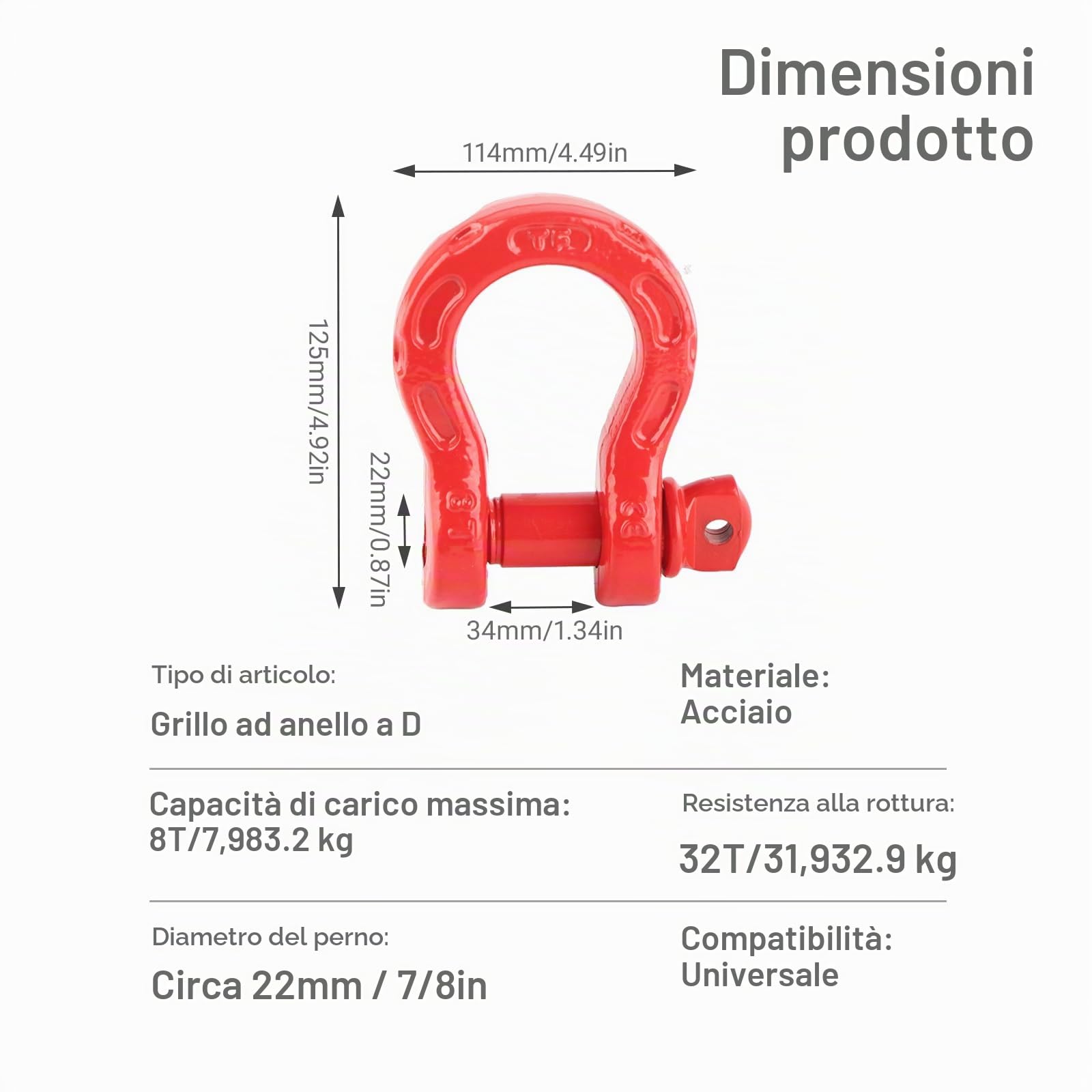 OUKENS Grillo Traino a D Rosso Acciaio 5T 22 mm